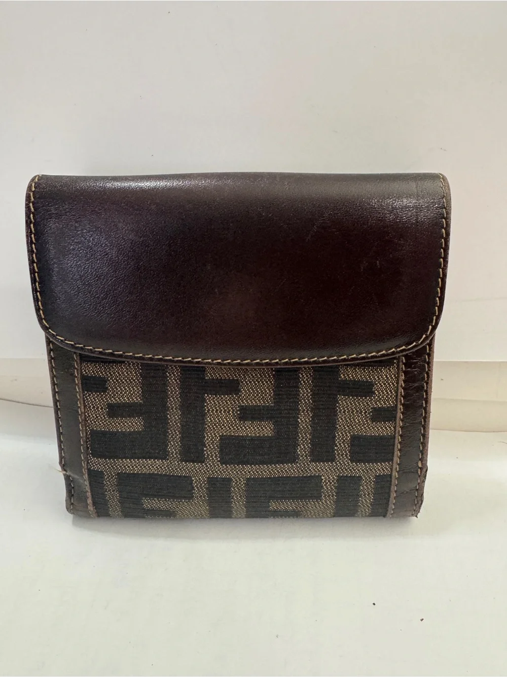Fendi Brown Canvas Zucca FF Logo & Dark Brown Leather Wallet unisex men women